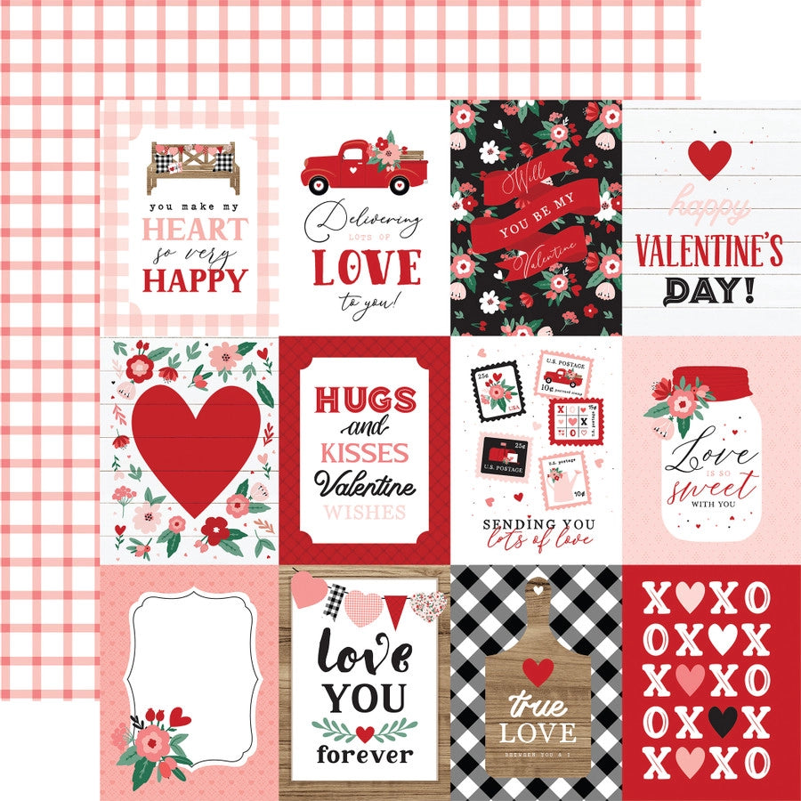 (Side A - 3X4 Valentine journaling cards, Side B - red plaid on a white background)