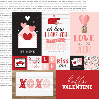(Side A - multi Valentine journaling cards, Side B - Valentine sayings in typewriter font on a white background)