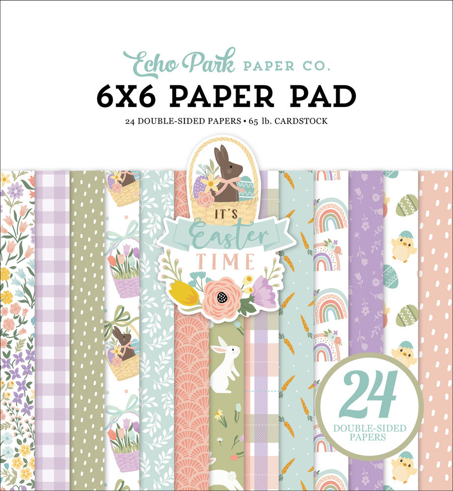 Spring pastel colors in floral and geometric patterns. Twenty-four double-sided 6x6 pages for springtime cards and paper crafting projects. By Echo Park Paper Co.