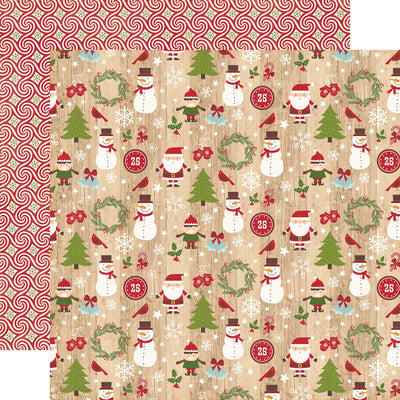 Multi-Colored (Side A - christmas icons with snowflakes on a woodgrain background, Side B - red and white abstract peppermint candy swirl pattern)
