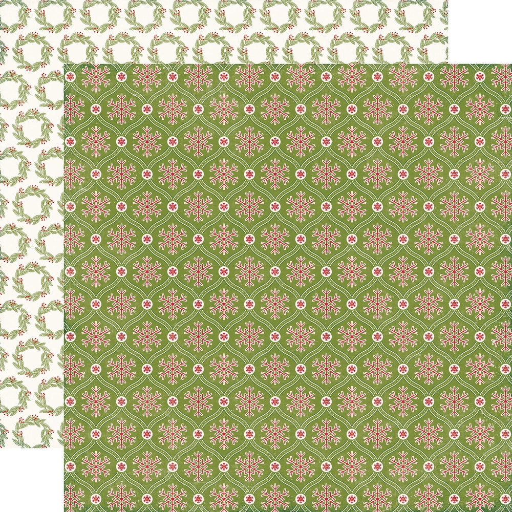 Multi-Colored (Side A -  white lattice pattern with red snowflakes in the centers on an olive green background, Side B - rows of Christmas wreaths with red berries on an off-white background)