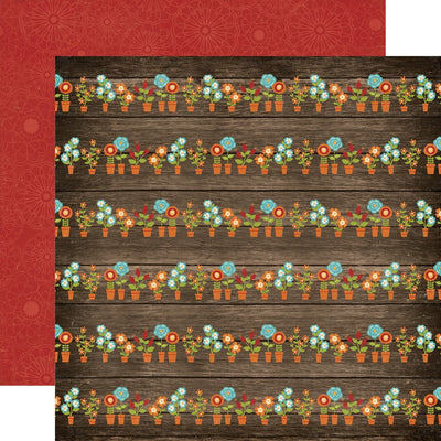 Multi-Colored (Side A - rows of little turquoise, orange, and dark red, flowers in flower pots on a dark woodgrain background, Side B - red ornate flowers on a dark red background)