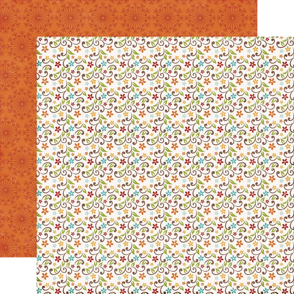 Multi-Colored (Side A -  little turquoise, orange, poppy, and golden yellow flowers all over on an off-white background, Side B - dark red geometric medallion pattern on orange background)