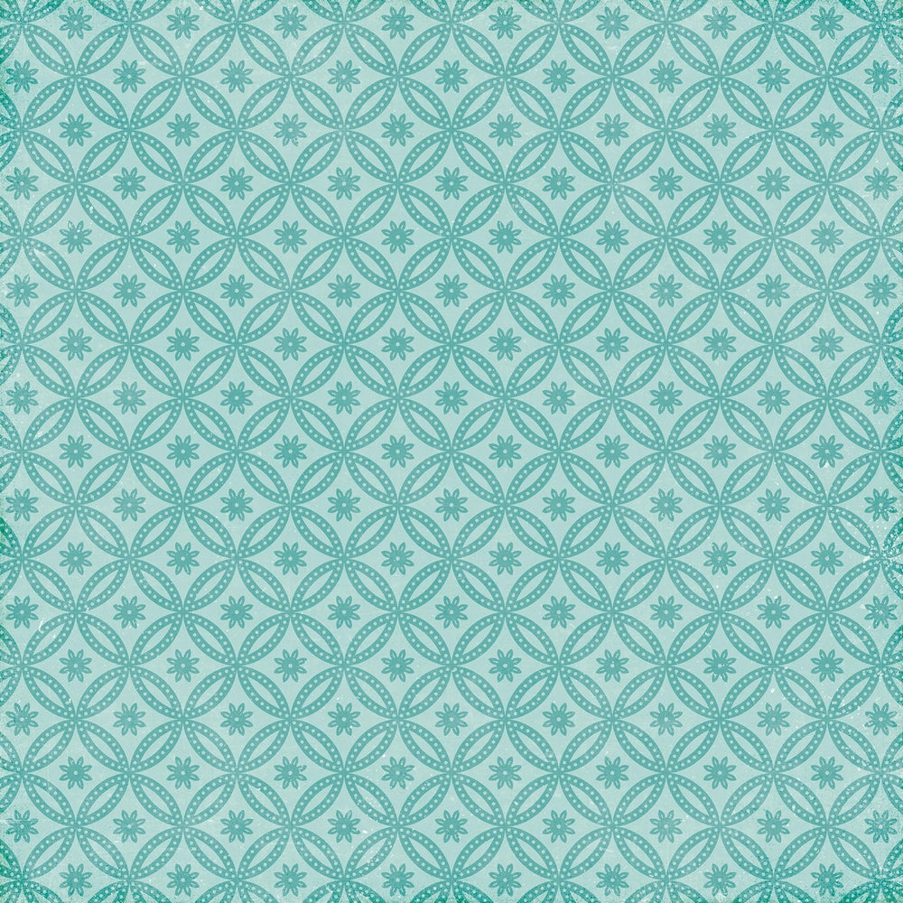 Side B -  dark turquoise circle geometric pattern with little flowers in the center on turquoise background