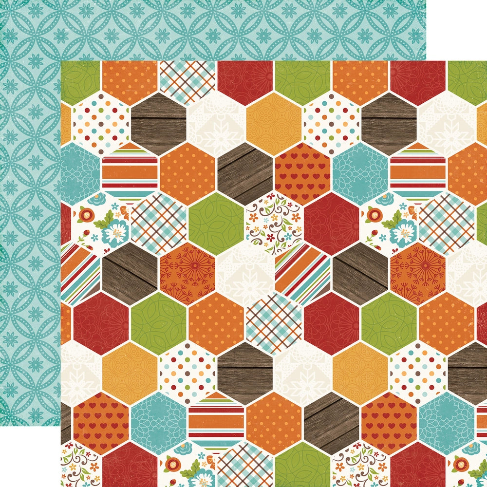 Multi-Colored (Side A - colorful patchwork geometric hexagon pattern, Side B -  dark turquoise circle geometric pattern with little flowers in the center on turquoise background)
