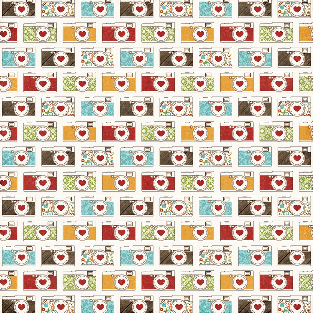 Side B - rows of cameras in coordinating colors with red hearts in the lens on an off-white background