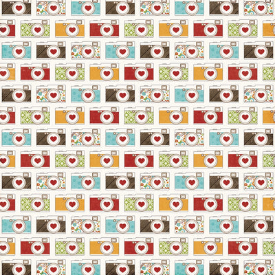 Side B - rows of cameras in coordinating colors with red hearts in the lens on an off-white background