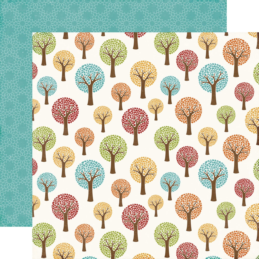 Multi-Colored (Side A - fall colored trees on an off-white background, Side B - white lacey floral pattern on turquoise blue background)