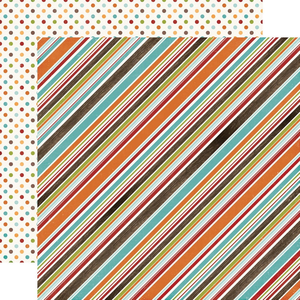 (Side A -  turquoise, orange, poppy, and golden yellow diagonal stripes on an off-white background, Side B - polka dots in coordinating colors on an off-white background)