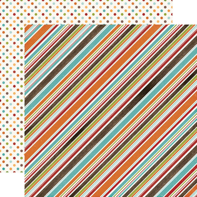 (Side A -  turquoise, orange, poppy, and golden yellow diagonal stripes on an off-white background, Side B - polka dots in coordinating colors on an off-white background)