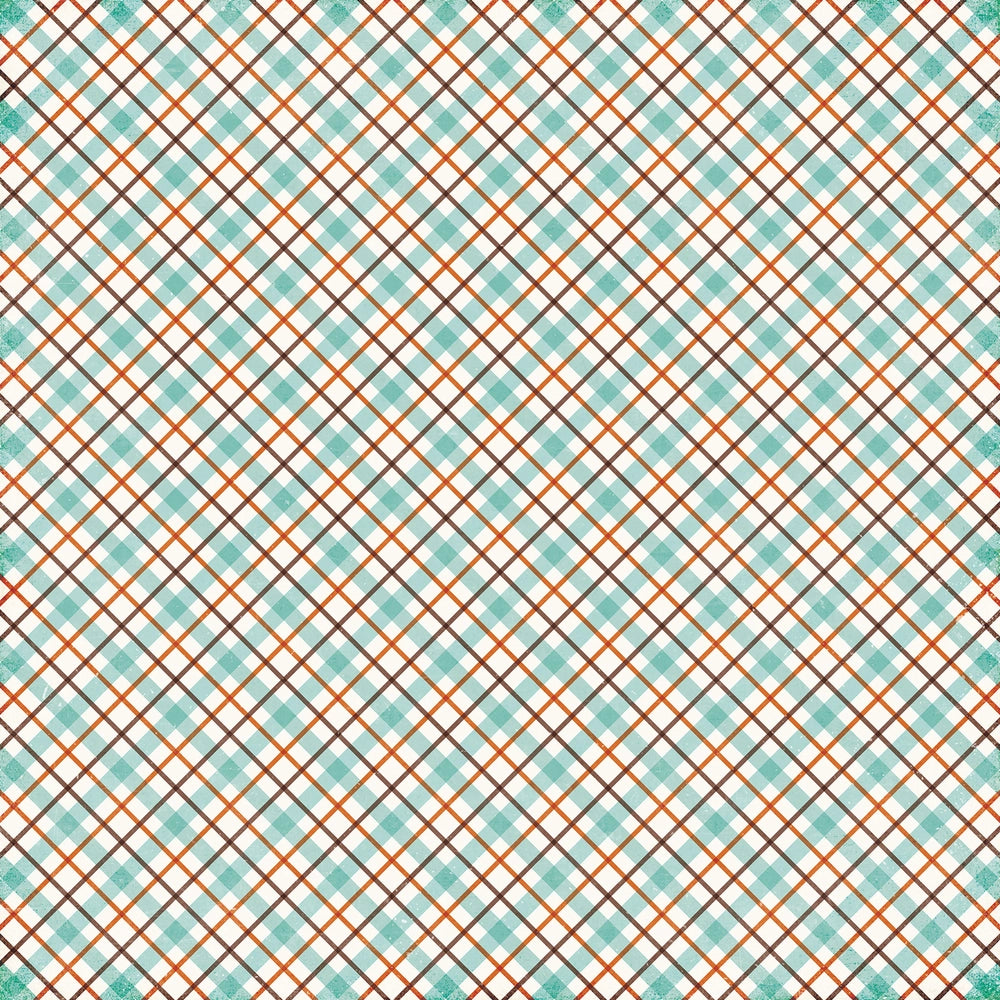 Side B - turquoise blue and orange plaid on an off-white background