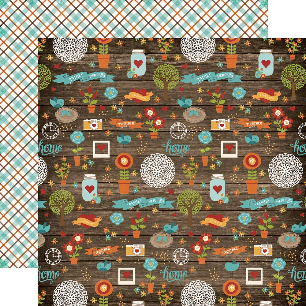 Multi-Colored (Side A - icons of home on a wood-grain background, Side B - turquoise blue and orange plaid on an off-white background)