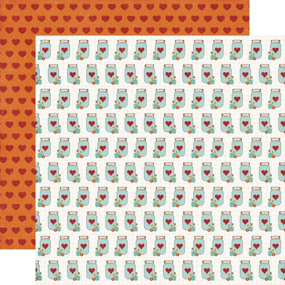 Multi-Colored (Side A - rows of light blue mason jars with red hearts on an off-white background, Side B - rows of dark red hearts on orange background)