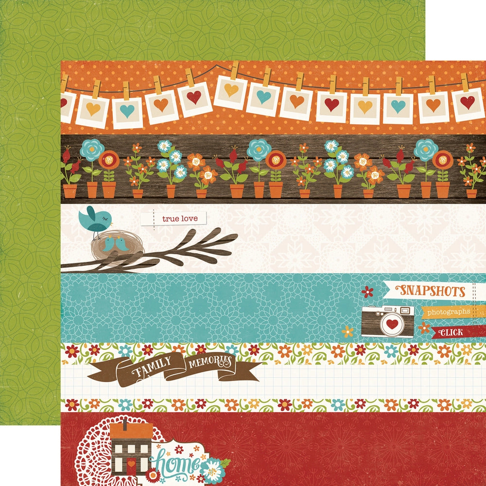 Multi-Colored (Side A - I Love Family border strips and phrases in poppy, orange, and turquoise blue, off-white, and brown, Side B - lime green abstract floral background)