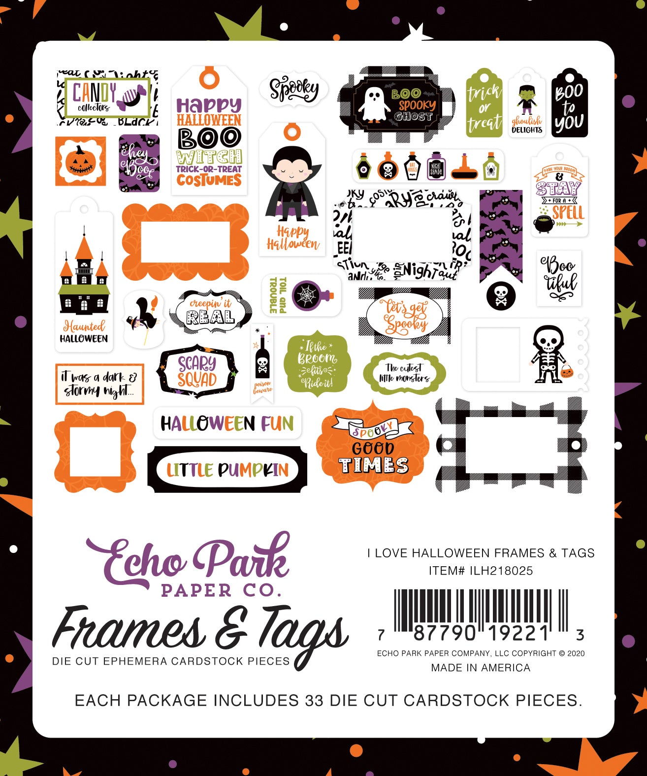 I Love Halloween Frames & Tags Die Cut Cardstock Pack.  Pack includes 33 different die-cut shapes ready to embellish any project.