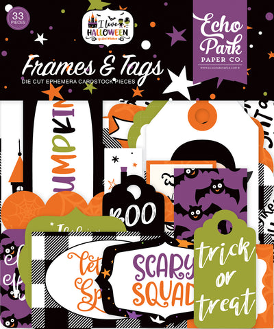 I Love Halloween Frames & Tags Die Cut Cardstock Pack.  Pack includes 33 different die-cut shapes ready to embellish any project.