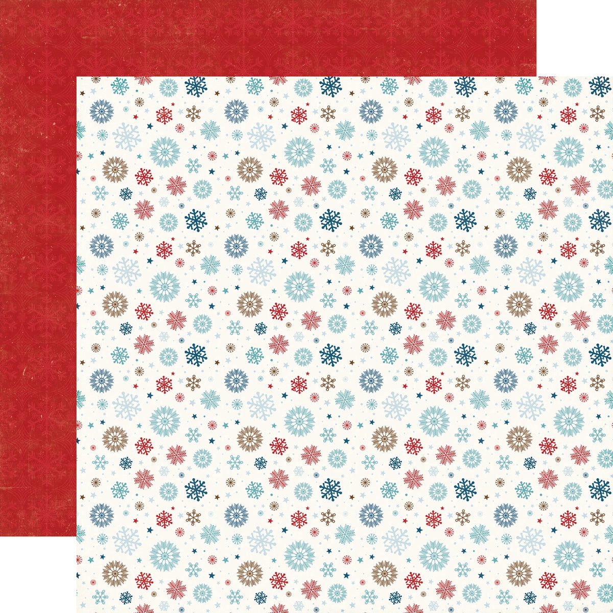 Multi-Colored (Side A - red, navy, light blue, and gold snowflakes in multiple sizes on an off-white background, Side B - red on red snowflake pattern)
