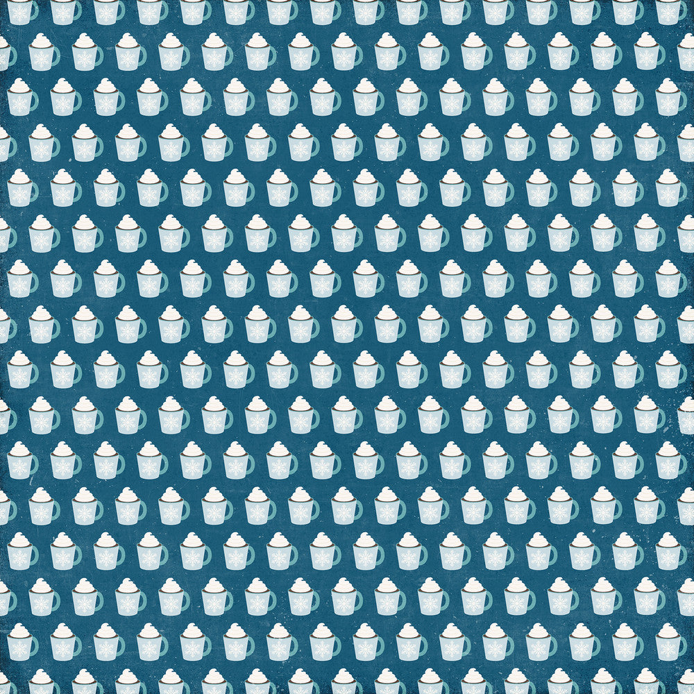 Side A - rows of hot chocolate in light blue mugs on a navy blue background