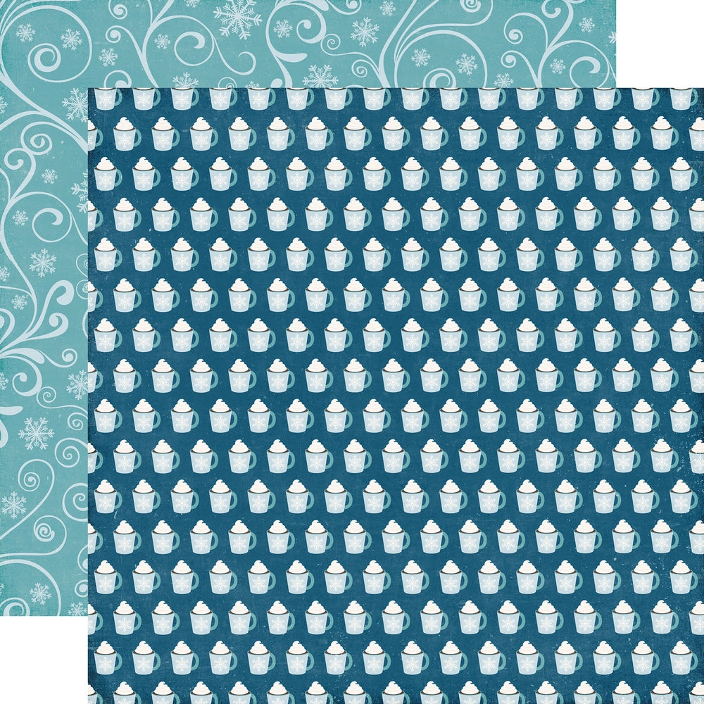 Multi-Colored (Side A - rows of  hot chocolate in light blue mugs on a navy blue background, Side B - snowflakes and swirls pattern on turquoise background)