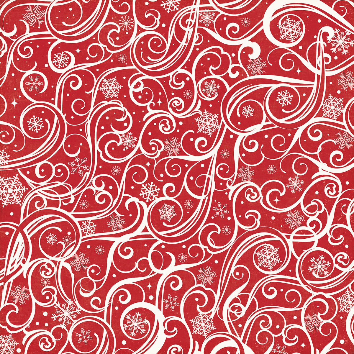 12x12 patterned paper with white scrollwork interspersed with snowflakes on red background