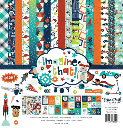 Imagine That Boy 12x12 collection kit includes 12 double-sided patterned papers focused on the typical boy and his adventures - Echo Park Paper