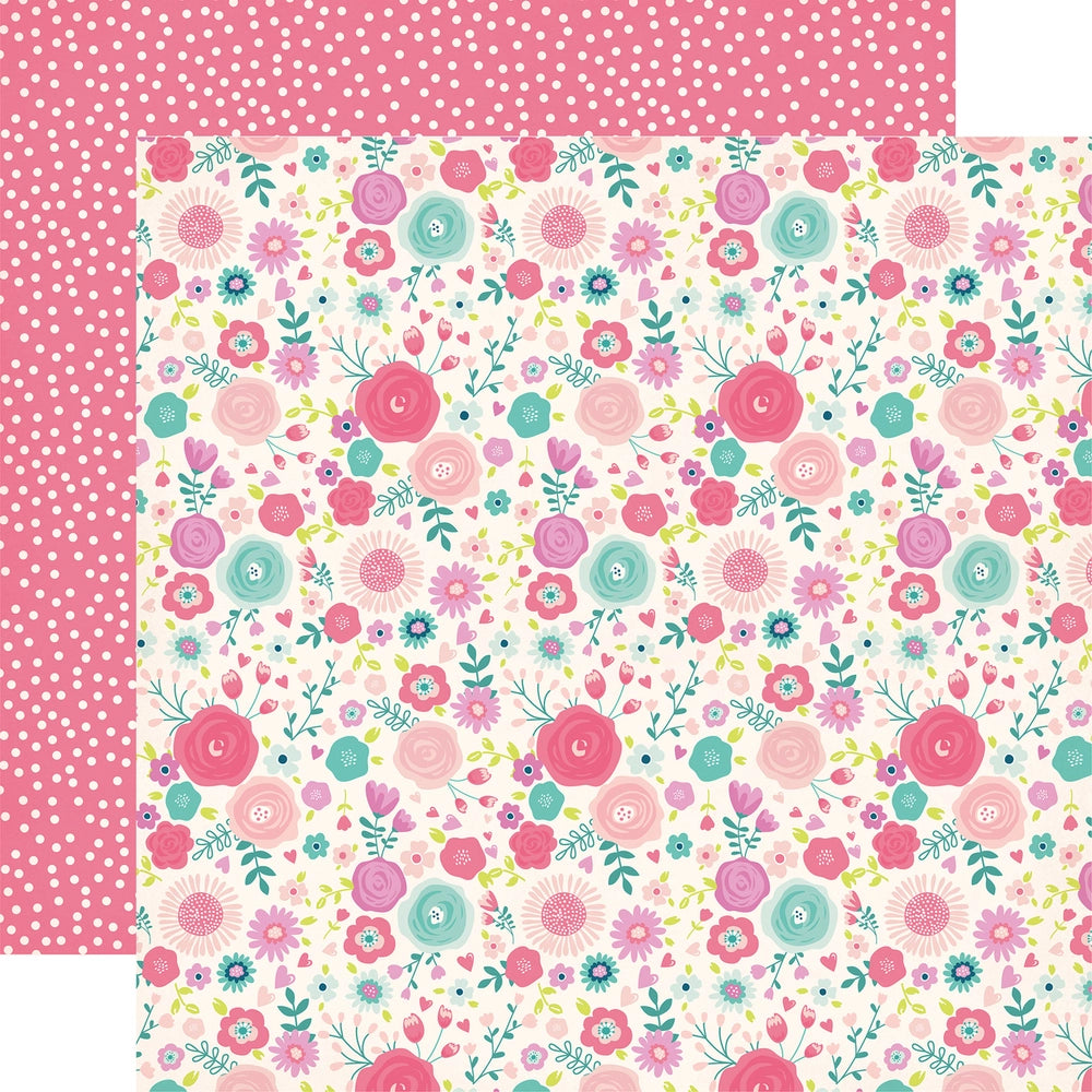 Multi-colored (Side A - shades of pink and teal flowers on an off-white background; Side B - random polka-dots on a pink background)