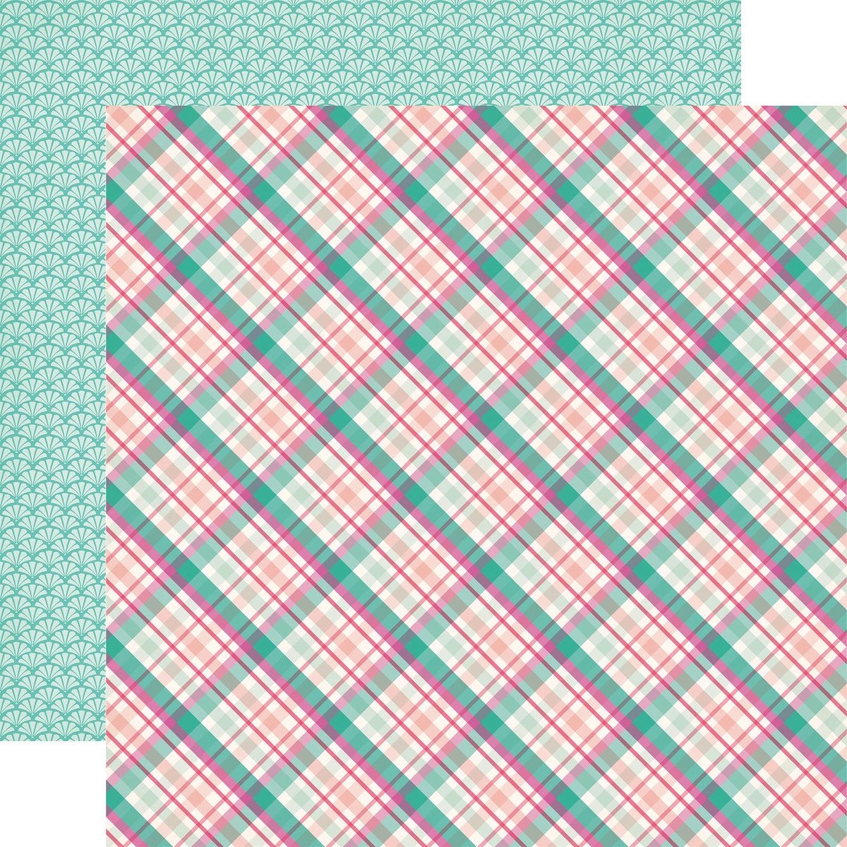 Multi-colored (Side A - pink and turquoise plaid on an off-white background; Side B - turquoise scallop abstract pattern)