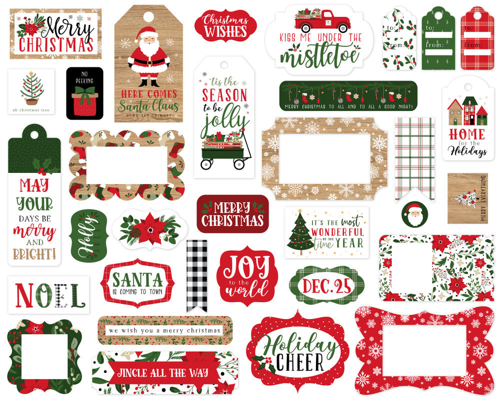 Jingle All The Way Frames & Tags Die Cut Cardstock Pack includes 33 different die-cut shapes ready to embellish any project.