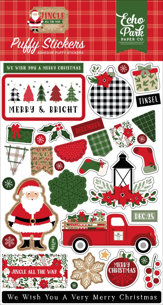 36 Puffy Stickers in various shapes and sizes; adhesive back, designed to coordinate with Jingle All the Way Collection by Echo Park.