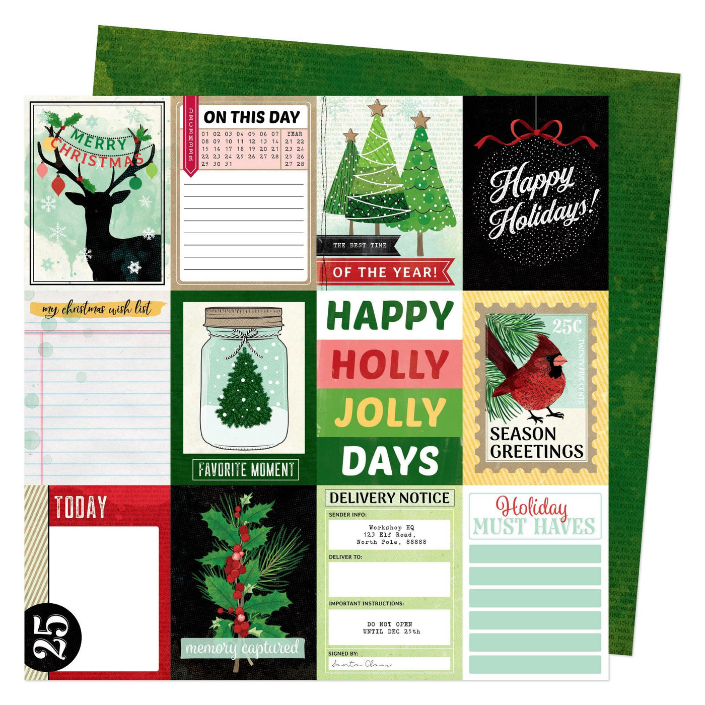 (Side A - Christmas journaling cards, Side B - Christmas text on a dark green background)