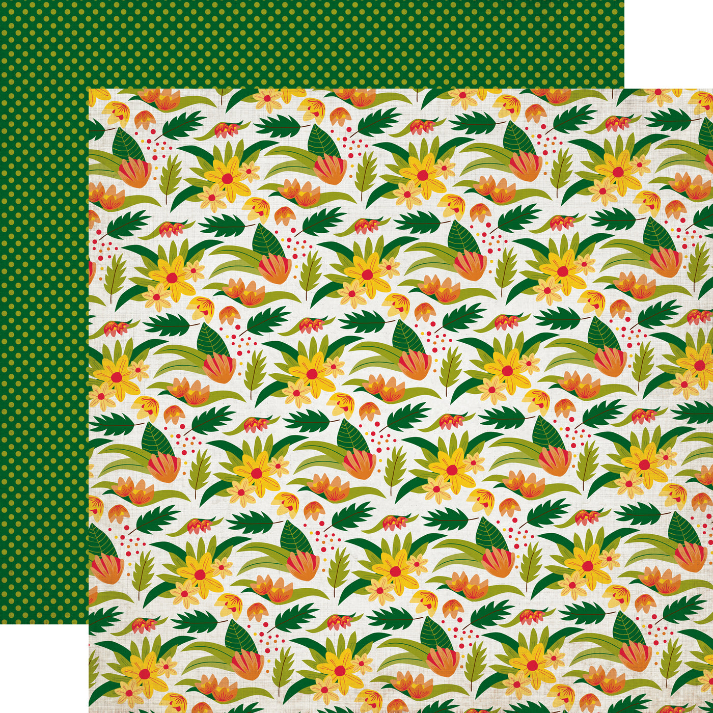 Wilderness Floral patterned cardstock (multi-colored yellow and orange flowers with red centers and green leaves on a white background with lime green polka dots on green reverse)