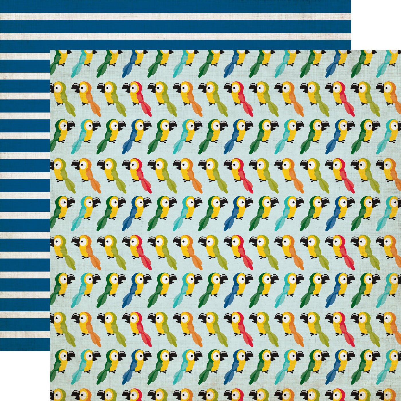 Pretty Parrots patterned cardstock (multi-colored parrots on a light blue background with navy blue and white stripes reverse)