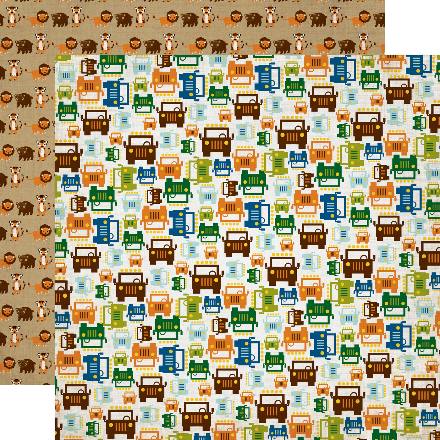 Safari Ride patterned cardstock (multi-colored safari jeeps on a white background with lions, tigers, and bears on tan background reverse)