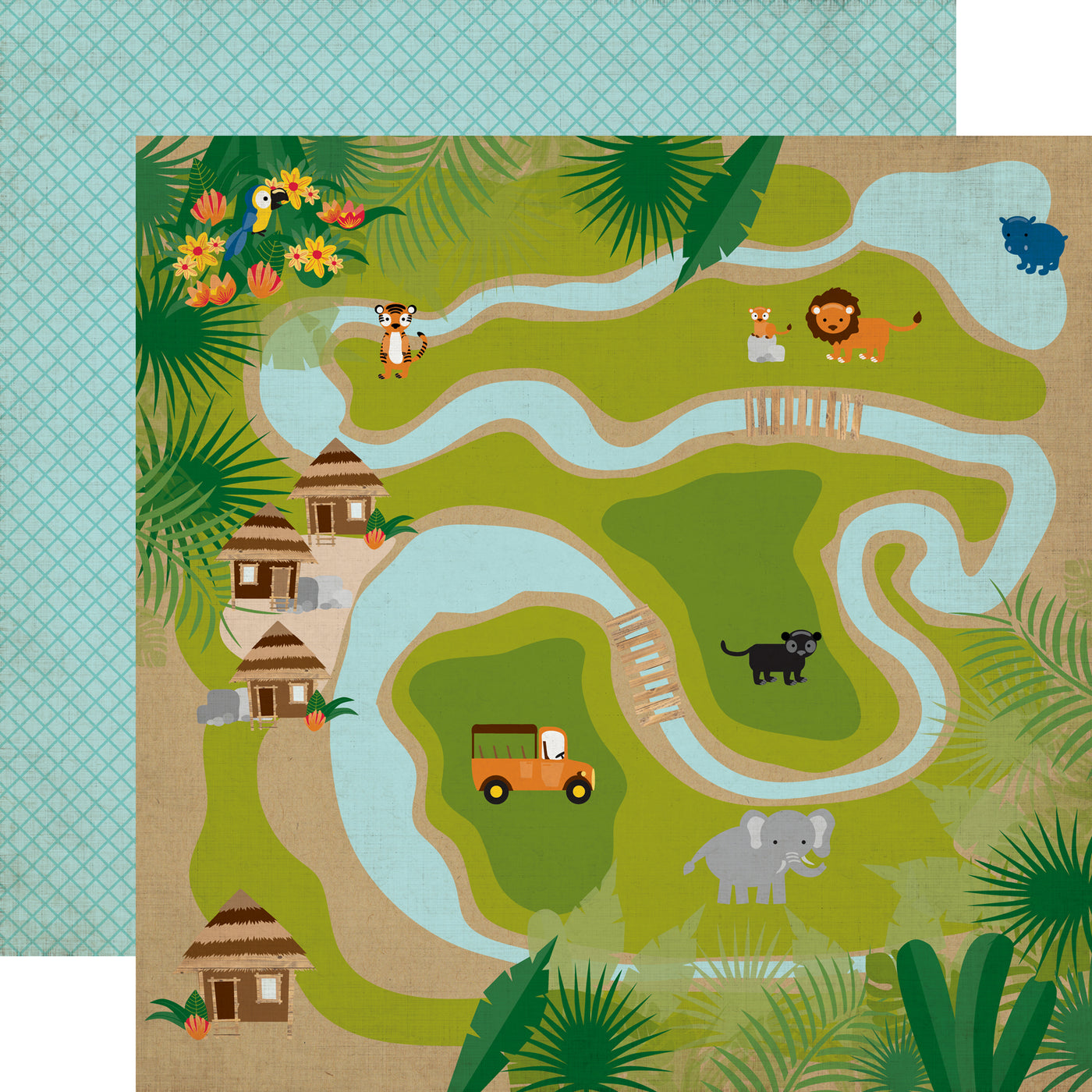 Jungle Map patterned cardstock (a map of the jungle covering the whole sheet with a thin blue lattice design on teal blue background reverse)