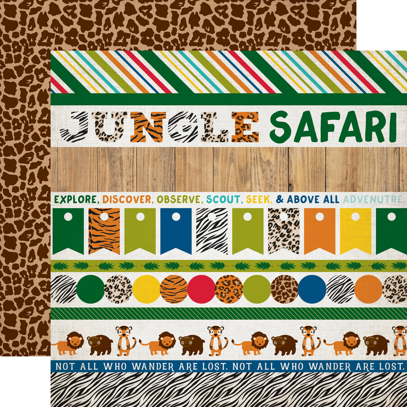 Border Strips patterned cardstock (multi-colored border stripes with jungle prints and phrases on a white background with dark brown cheetah print on light brown background reverse)