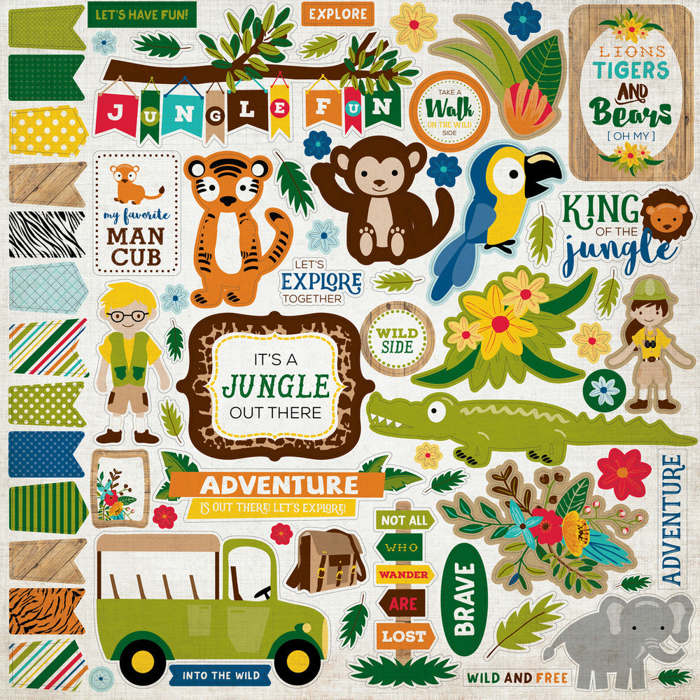 Jungle Safari Elements 12" x 12" Cardstock Stickers from the Jungle Safari Collection. The package includes one sheet of cardstock stickers with images of jungle animals, flowers, a safari jeep, tropical birds, and phrases like "It's a jungle out there," "Adventure," and more. 