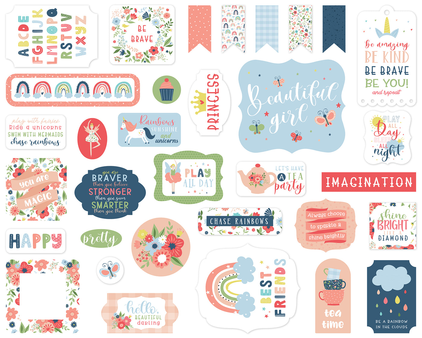 Little Dreamer Girl Ephemera Die Cut Cardstock Pack.  Pack includes 33 different die-cut shapes ready to embellish any project.