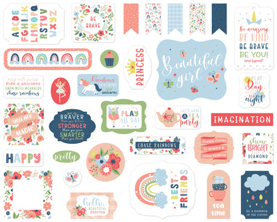 Little Dreamer Girl Ephemera Die Cut Cardstock Pack.  Pack includes 33 different die-cut shapes ready to embellish any project.