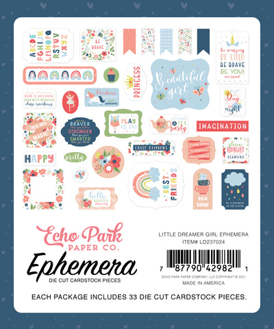 Little Dreamer Girl Ephemera Die Cut Cardstock Pack.  Pack includes 33 different die-cut shapes ready to embellish any project.