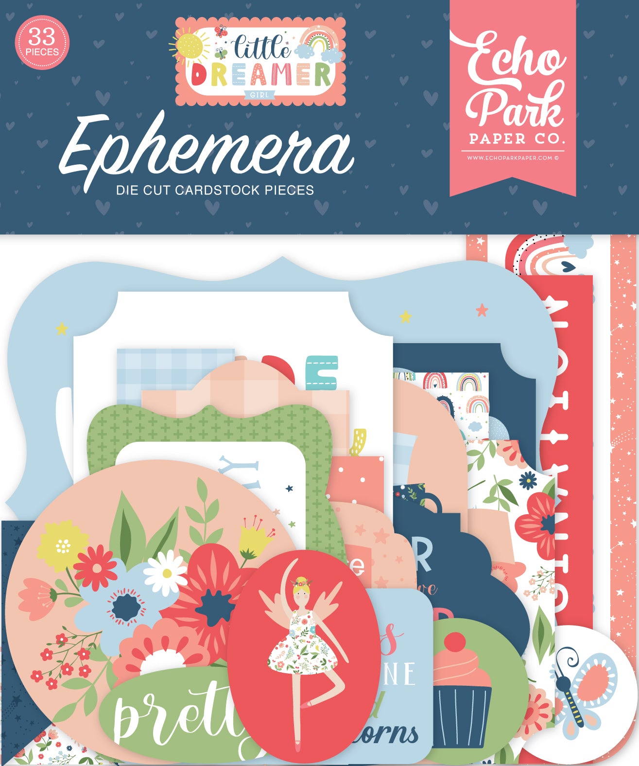 Little Dreamer Girl Ephemera Die Cut Cardstock Pack.  Pack includes 33 different die-cut shapes ready to embellish any project.