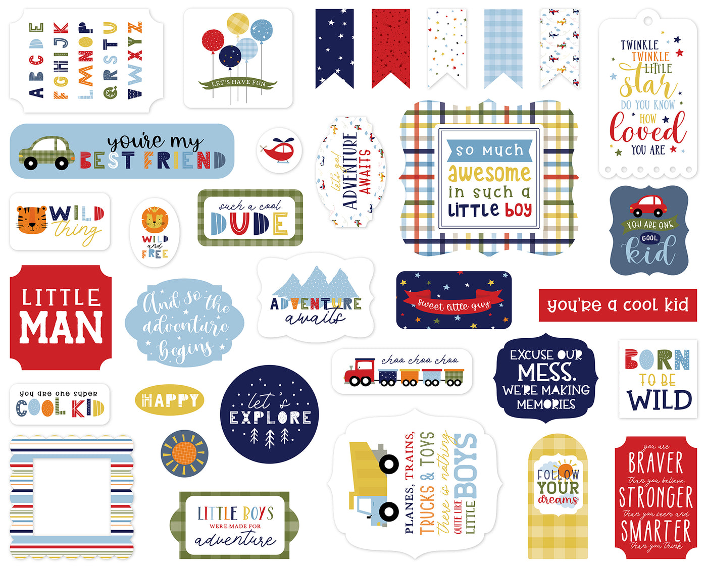Little Dreamer Boy Ephemera Die Cut Cardstock Pack.  Pack includes 33 different die-cut shapes ready to embellish any project.