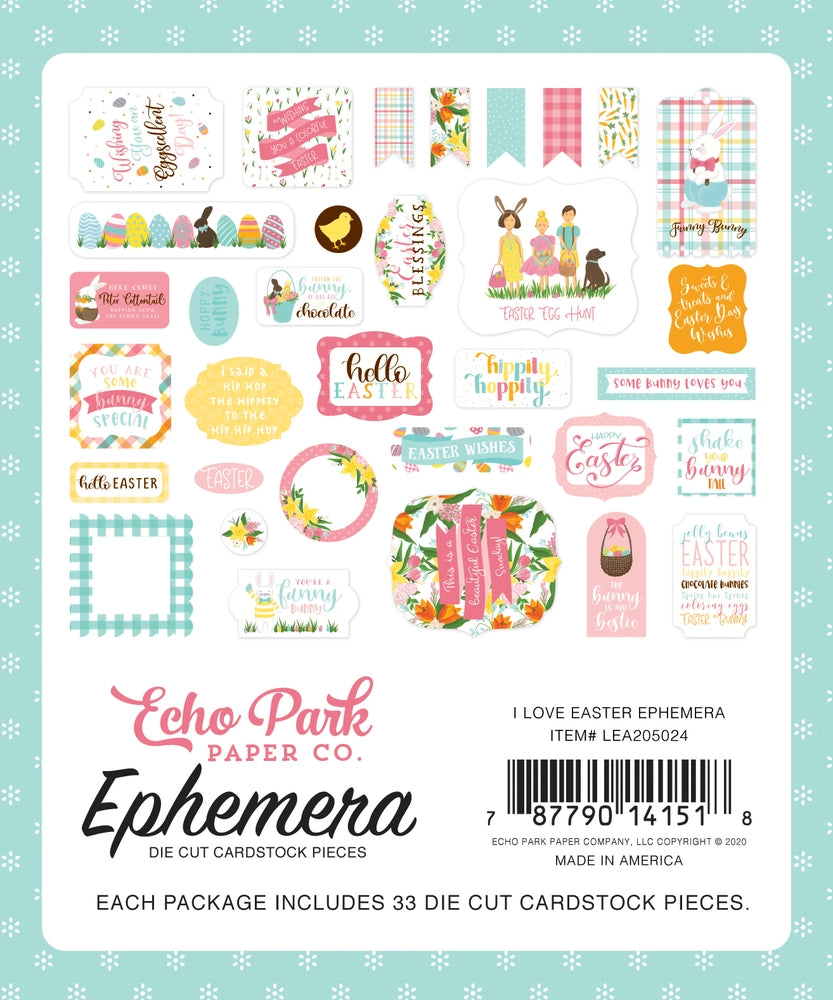 I Love Easter Ephemera Die Cut Cardstock Pack. Pack includes 33 different die-cut shapes ready to embellish any project. Package size is 4.5" x 5.25"