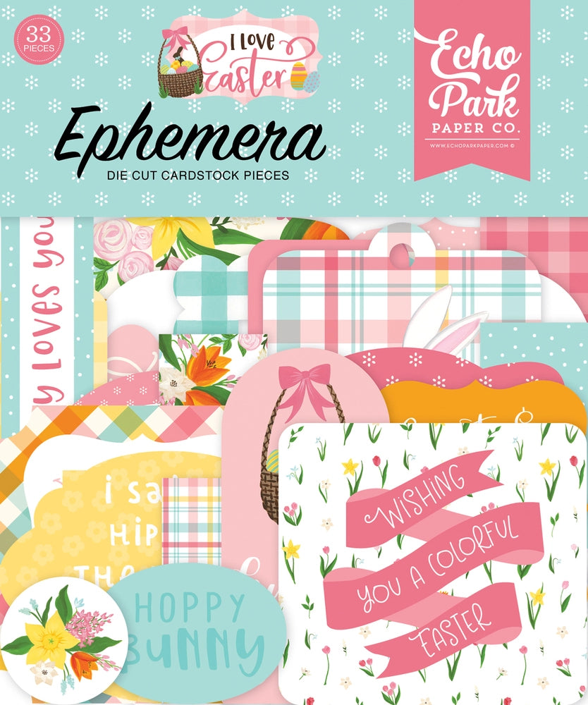 I Love Easter Ephemera Die Cut Cardstock Pack. Pack includes 33 different die-cut shapes ready to embellish any project. Package size is 4.5" x 5.25"