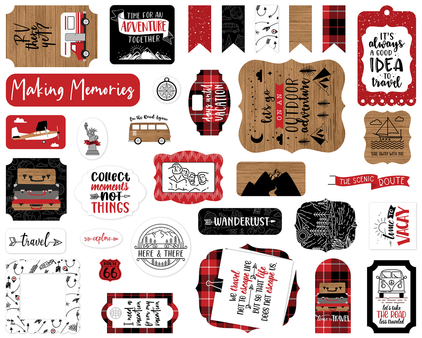 Let's Go Anywhere Ephemera Die Cut Cardstock Pack.  Pack includes 33 different die-cut shapes ready to embellish any project.