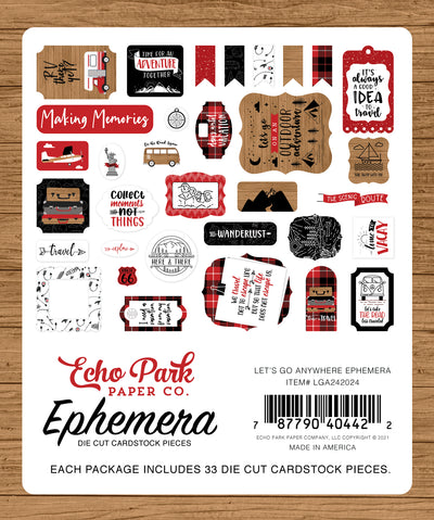 Let's Go Anywhere Ephemera Die Cut Cardstock Pack.  Pack includes 33 different die-cut shapes ready to embellish any project.