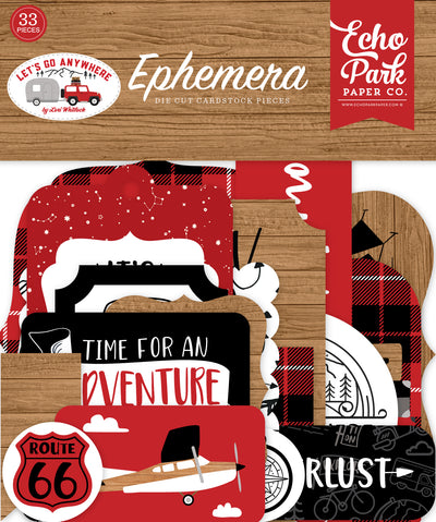 Let's Go Anywhere Ephemera Die Cut Cardstock Pack.  Pack includes 33 different die-cut shapes ready to embellish any project.