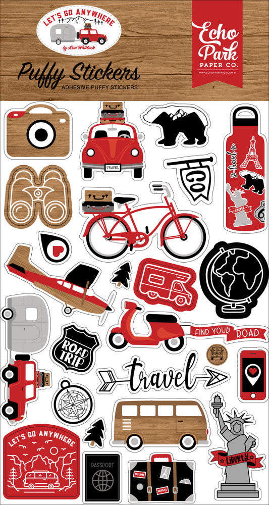 25 Puffy Stickers in various shapes and sizes; adhesive back, designed to coordinate with Let's Go Anywhere Collection by Echo Park.