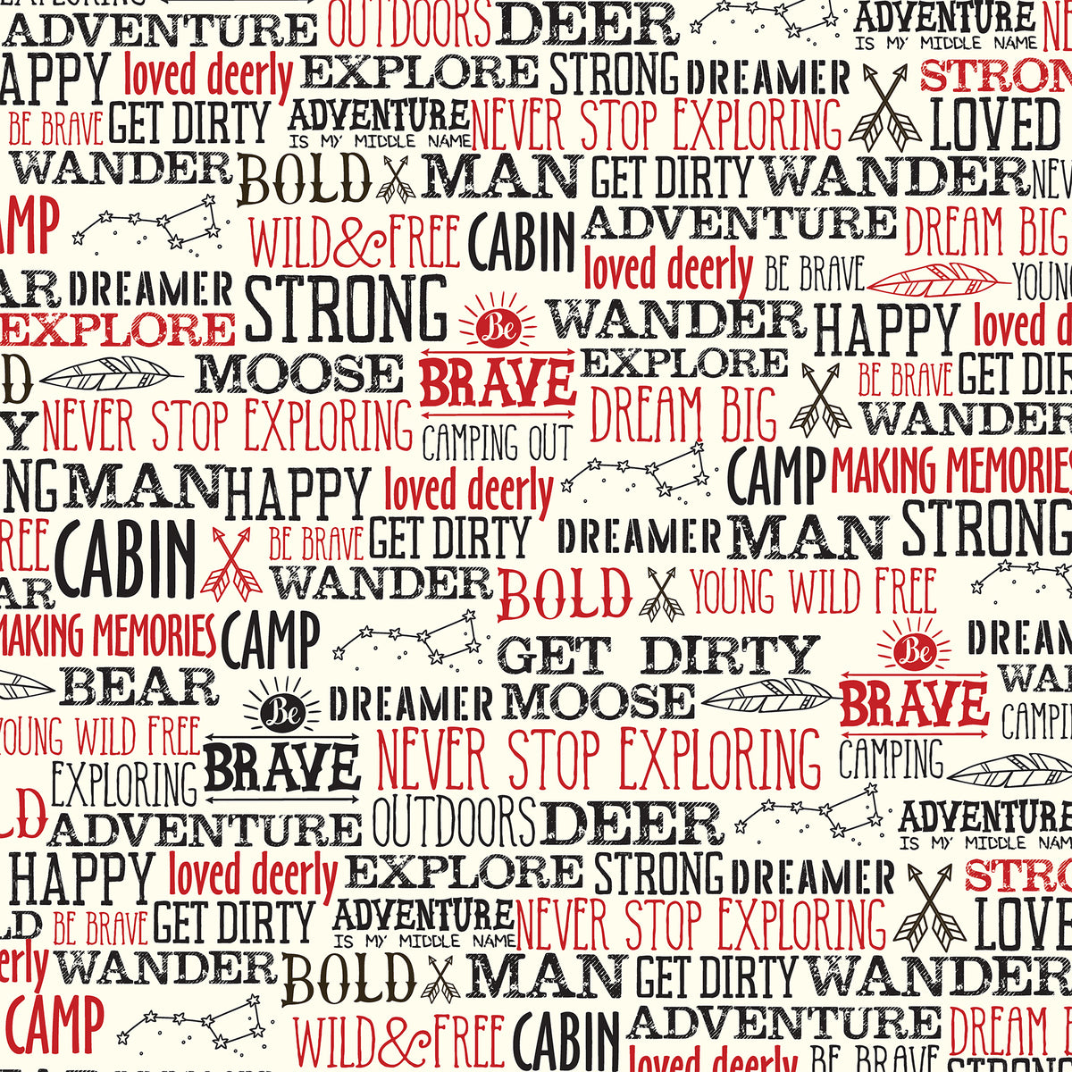 12x12 cardstock with words and phrases about outdoor adventure from Echo Park Paper