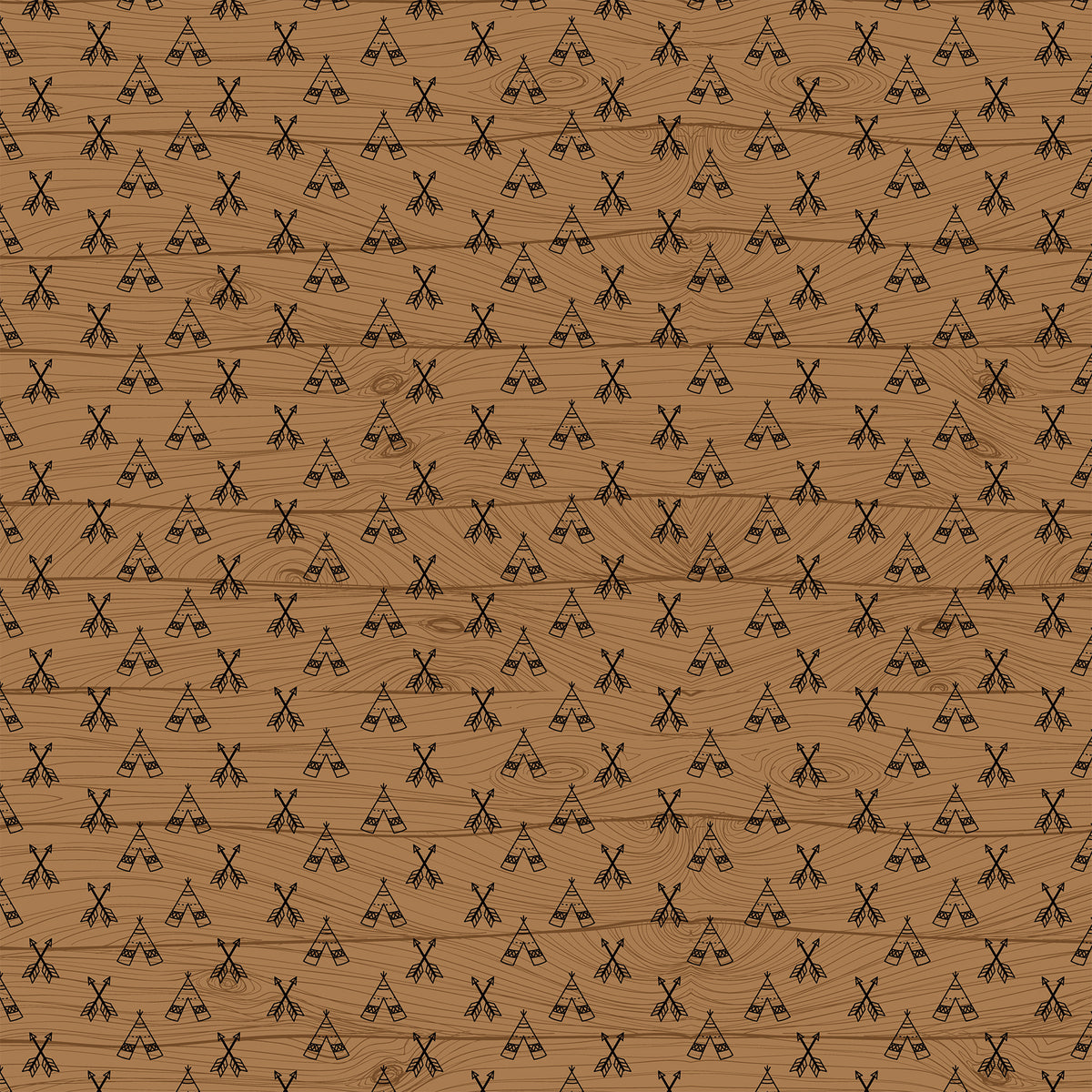 12x12 patterned paper with teepee and arrow graphics on woodgrain background from Echo Park Paper