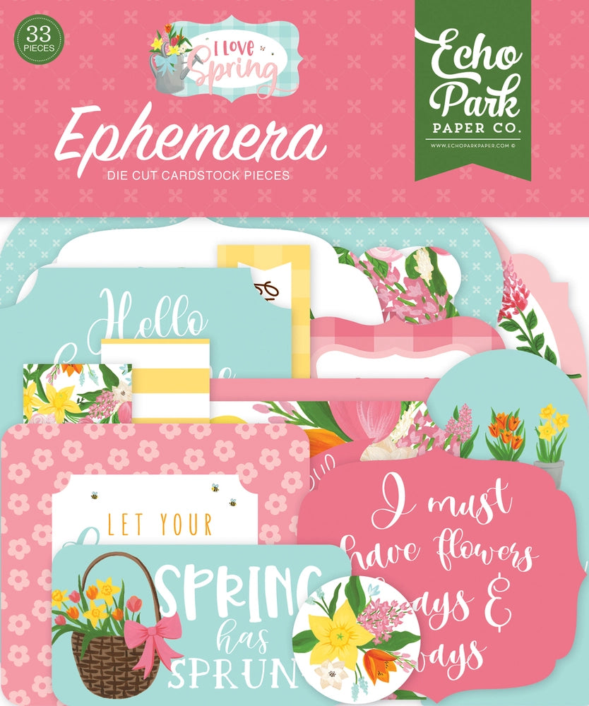 I Love Spring Ephemera Die Cut Cardstock Pack. Pack includes 33 different die-cut shapes ready to embellish any project. Package size is 4.5" x 5.25"